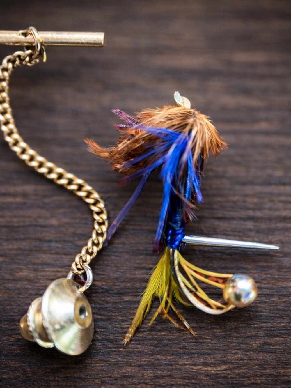 Vintage Fly Fishing Lure Tie Tack – Hand Tied Trout Fly Tie Tac w/ Chain –